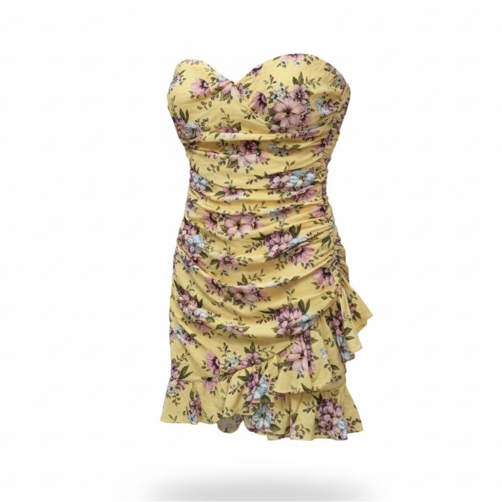 Forever 21 Yellow Floral Ruched Mini Strapless Dress Size M Coquette Cottagecore